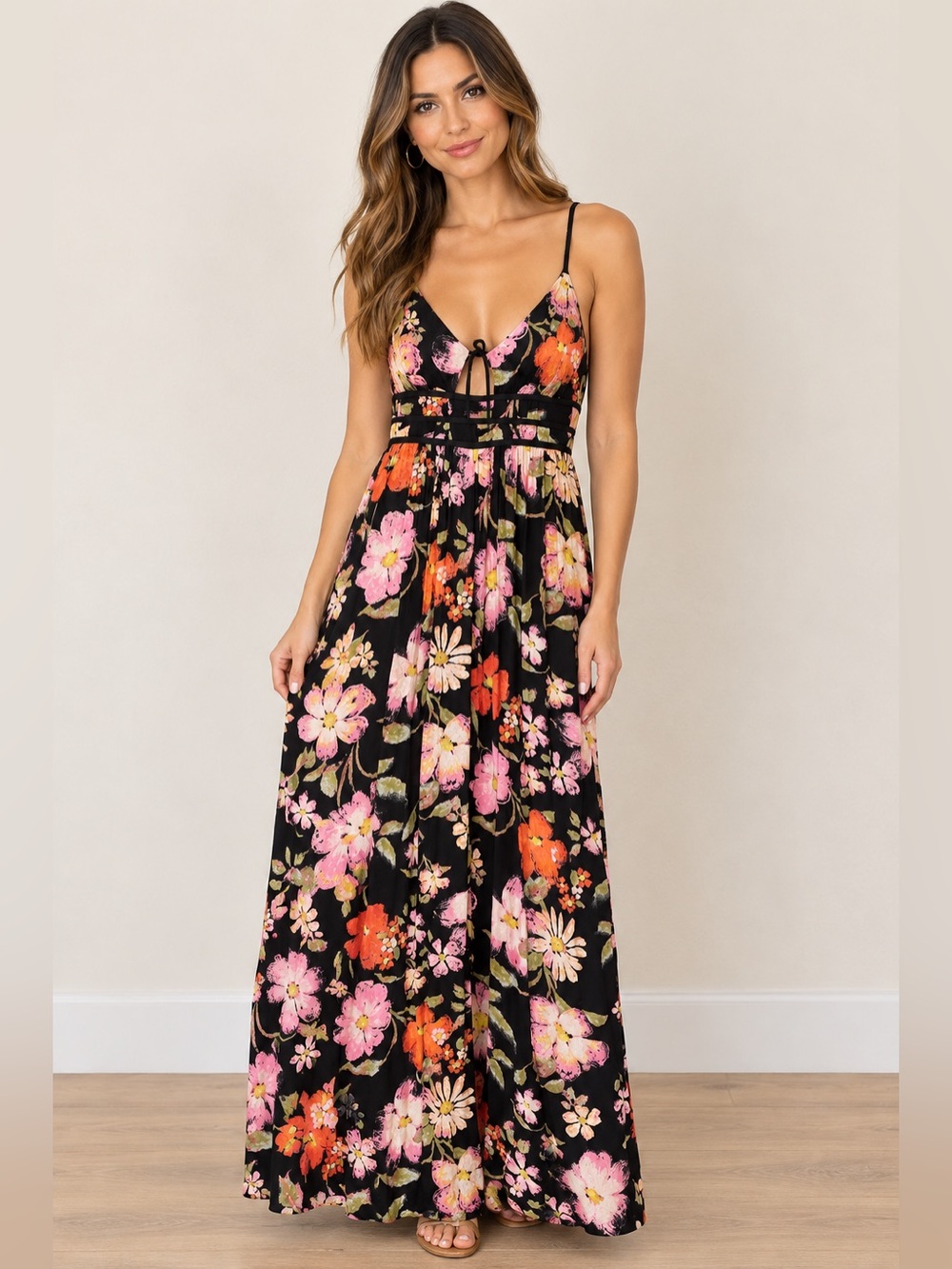 Free People Black Dress with Pink and Yellow Floral Print